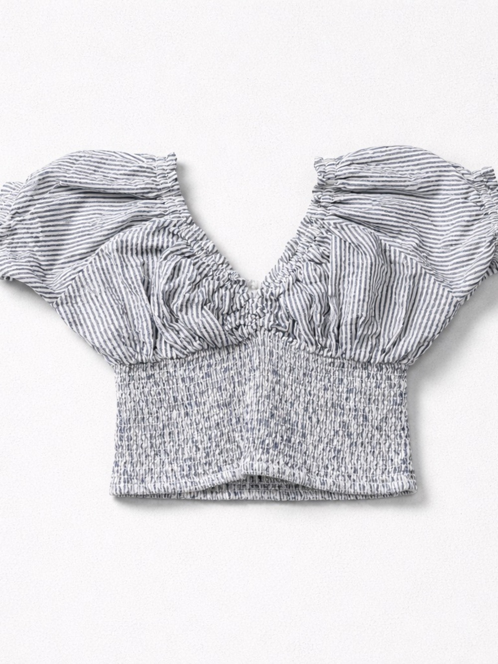 Striped Smocked V-Neck Crop Top - Gray/White